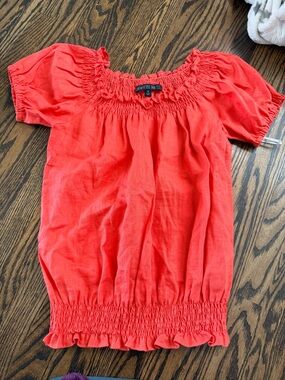 Lafayette 148 New York Coral Smocked-Neck Peasant Top linen 0